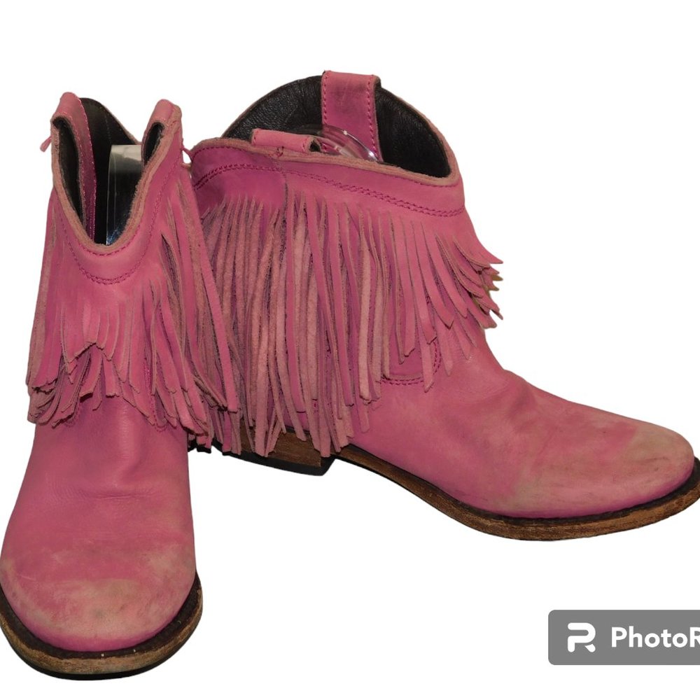 Liberty Black Pink Fringe Leather Cowgirl Cowboy Boots Size 5.5 Made In Mexico